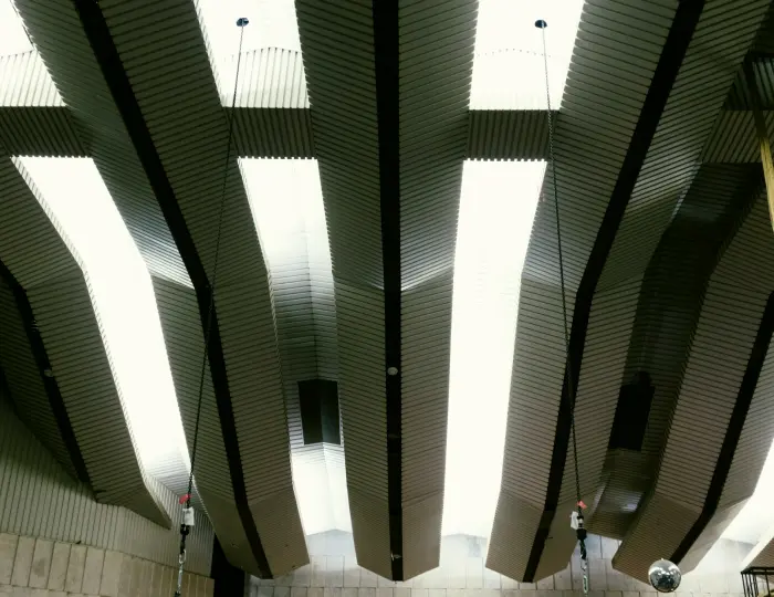 Lighting rig above a news desk